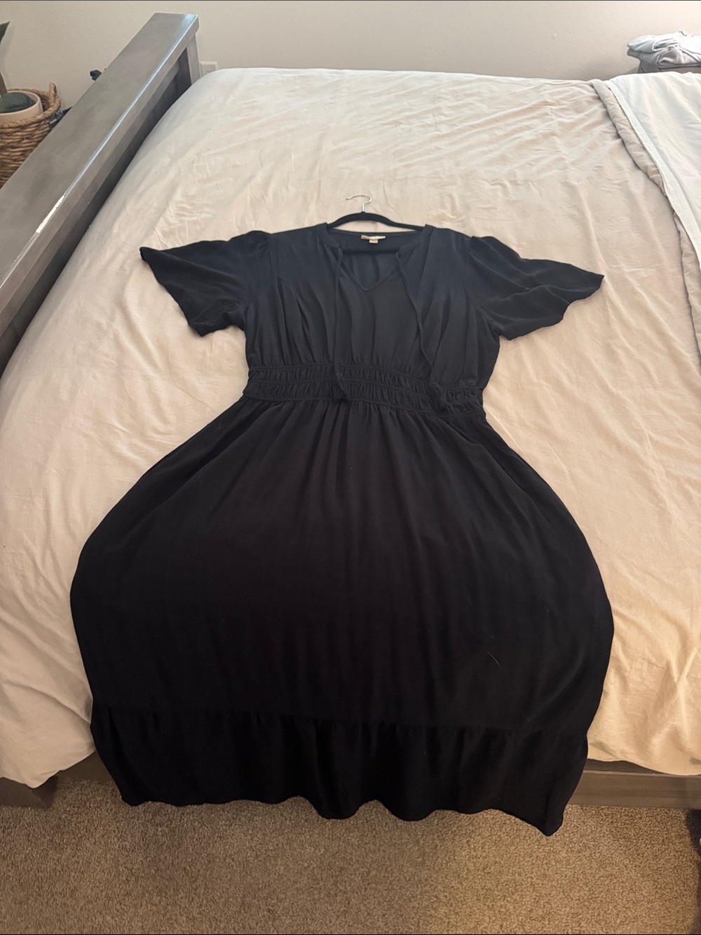 Black Flutter-Sleeve Maxi Dress with Smocked Waist